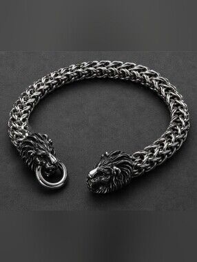 Lion Head Chain Bracelet in Polished Gunmetal